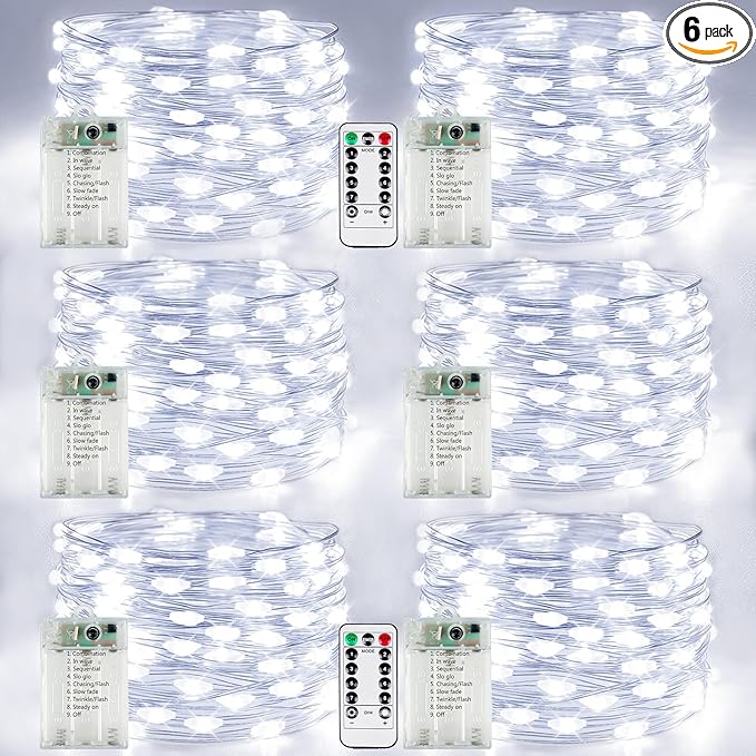 6 Pack Fairy Lights Battery Operated with Remote Control Timer, 26 FT 80 LED String Lights Outdoor Indoor, 8 Modes Twinkle Lights for Christmas Party Wedding Birthday Bedroom Décor (Cool White)