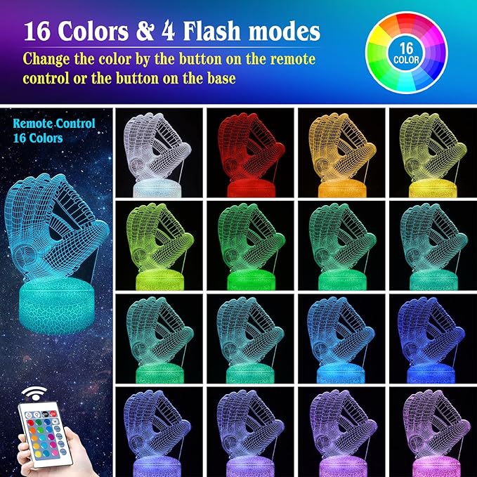 Baseball Night Light Gifts for Boy, 3D Baseball Bedside Lamp,16 Color Change Decor Lamp with Remote & Smart Touch, Gifts for Christmas Birthday Boys Men Gir