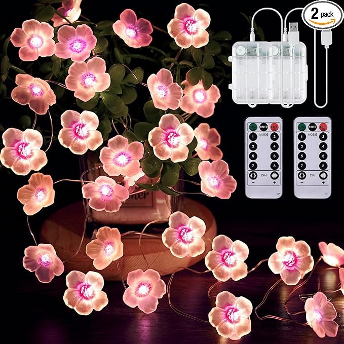 OMIKA Battery Operated String Lights Indoor, 2 Pack 16.5ft 50LED Cherry Blossom Bedroom Lights, Warm White Flower Light Decorative for Room Table Dorm Party Girl Mom Gift Wedding Christmas