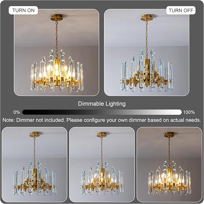 24" Modern Gold Crystal Chandelier, 12-Light Luxury Round Chandeliers for Dining Room, Living Room, Bedroom, Foyer, Entryway, Kitchen, Contemporary K9 Crystal Adjustable Chain Chandelier Light Fixture