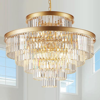 6-Tier Large Gold Crystal Chandeliers 35" Modern Luxury Chandeliers for Staircase K9 Crystal High Ceiling Chandelier 22-Light Round Hanging Pendant Light Fixture for Living Room Entryway Foyer