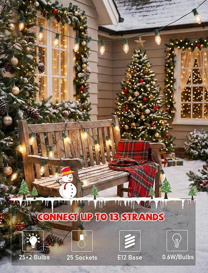 C7 LED Christmas Lights, 25Ft Vintage C7 Christmas Lights with 27 LED Clear Bulbs, Hanging Connectable String Light for Patio Garden Holiday Home Xmas Decor