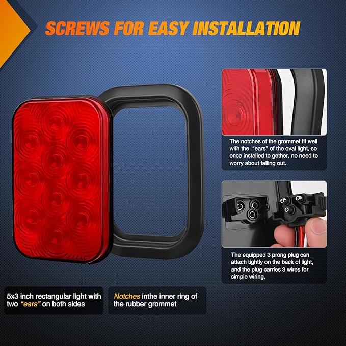 Nilight 5” X 3” Rectangular Trailer Tail Light 2 PCS Red 10 LED Brake Stop Turn Marker Lights IP67 Waterproof w/Flush Mount Grommets Plugs for 12V Truck ATV UTV Bus RV Camper