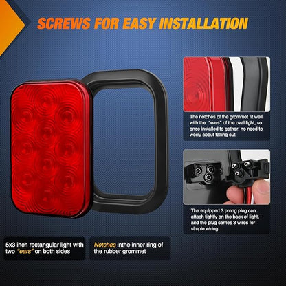 Nilight 5” X 3” Rectangular Trailer Tail Light 2 PCS Red 10 LED Brake Stop Turn Marker Lights IP67 Waterproof w/Flush Mount Grommets Plugs for 12V Truck ATV UTV Bus RV Camper