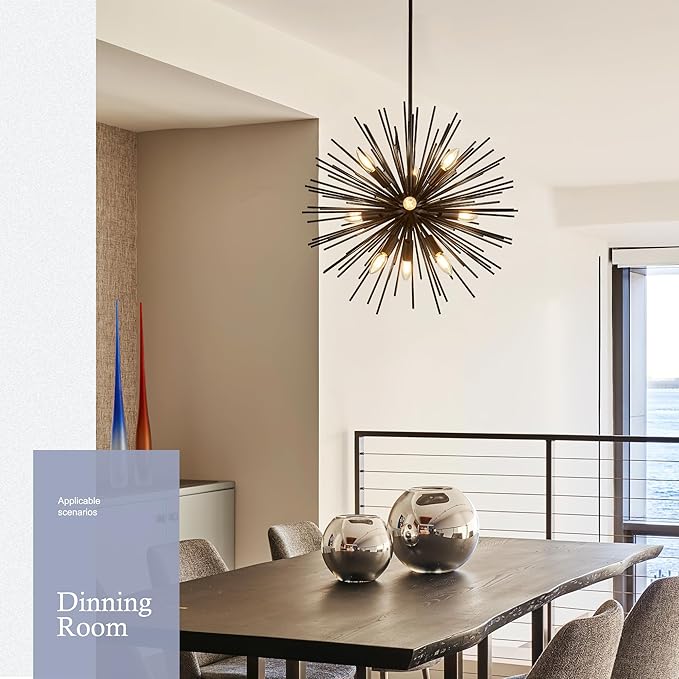 23.6" 9-Light Black Sputnik Chandelier Modern Industrial Adjustable Firework Globe Ceiling Fixture for Living Room, Entryway, Dining, Bedroom, Hallway, Stairway