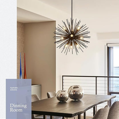 23.6" 9-Light Black Sputnik Chandelier Modern Industrial Adjustable Firework Globe Ceiling Fixture for Living Room, Entryway, Dining, Bedroom, Hallway, Stairway