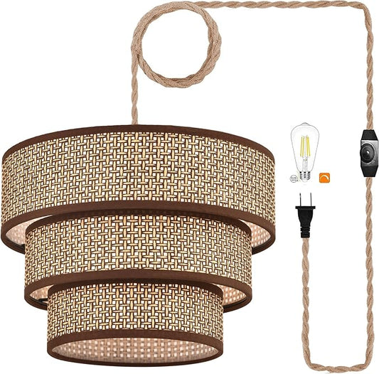 XININSUN Rattan Plug in Pendant Light Boho Wicker Lampshade Hanging Lights with Plug in Cord Plug in Chandelier for Bedroom Kitchen Dining Room Island