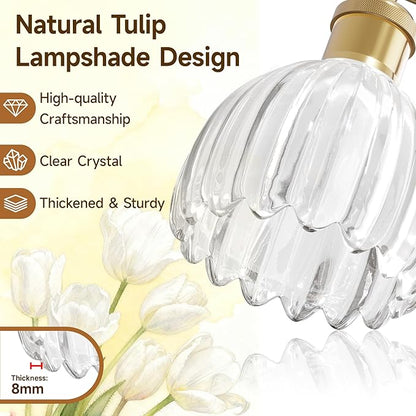 Antique Brass Bathroom Light Fixtures Over Mirror,3-Light Bathroom Vanity Lights Over Mirror,Brass Wall Lights with Clear Glass Tulip Light Shade for Bedroom,Living Room,Hallway,E26 Base