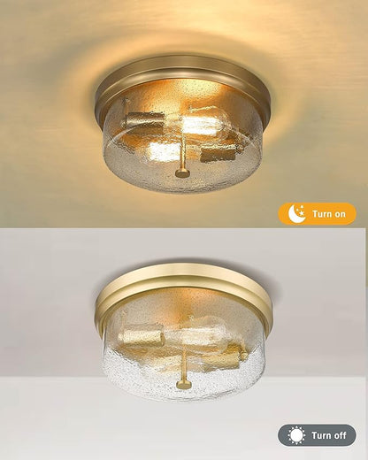 Gold Close to Ceiling Light Fixtures, 12 inch Flush Mount Hallway Light Fixture Gold Finish with Seeded Glass Shade Bedroom Ceiling Lights for Dining Room Kitchen Laundry Bathroom