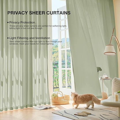 Anmao Non-See-Through Sage Green Privacy Semi Sheer Curtains for Living Room 54 Inch Length 2 Panels Set, Light Filtering That Let Light in Rod Pocket Window Drapes for Bedroom, 40W x 54L, Sage