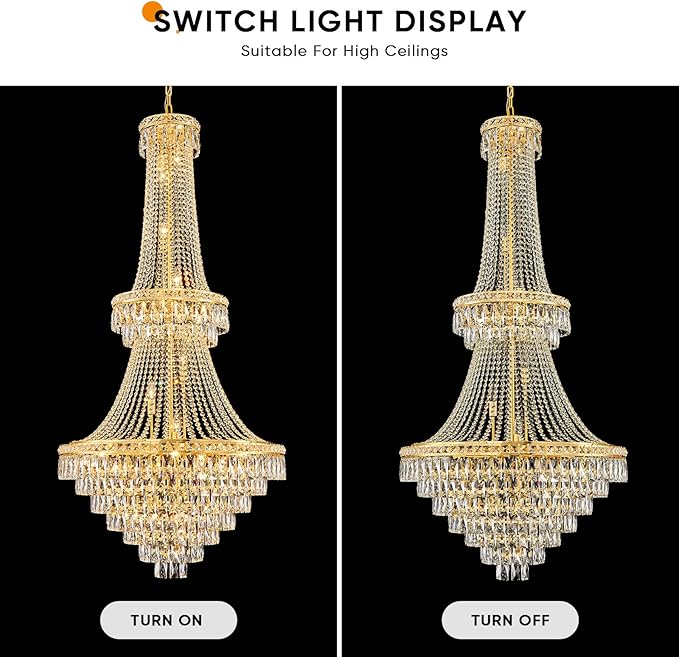 26 Lights Gold Luxury Crystal Chandeliers Large Modern Chandelier for High Ceilings Crystal Pendant Light Fixture Foyer Staircase Hallway Entryway Banquet Hall Lobby 63" H x 30.7" D