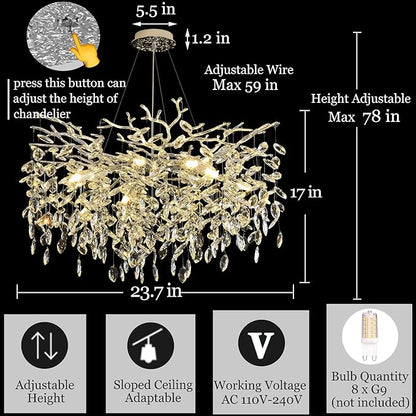 Modern Crystal Tree Branch Chandelier, D23.7'' Round Silver Raindrop Indoor Hanging Ceiling Lighting Fixture for Dining Room Living Room Bedroom Foyer 8 Lights