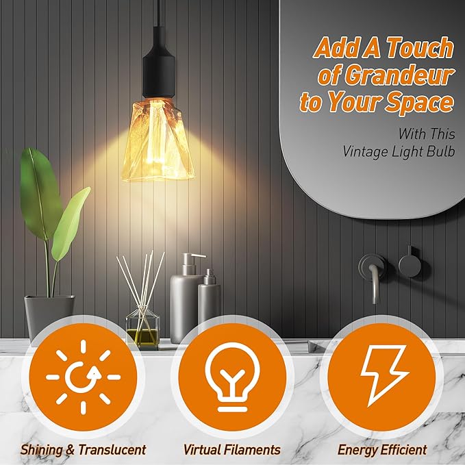 Meonum Decorative Light, Ice Style Shaped E26 LED Bulb, Dimmable 3.5W 2200K Soft Warm Vintage Edison Light, with Virtual Filament Acrylic Inner Pillar Bulb (2 Pack)