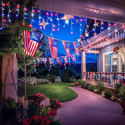 JMEXSUSS Icicle Lights for 4th of July Decor, 400 LED Red White and Blue Icicle Lights for Outside, 38.8 Ft Independence Day Icicle String Light Indoor Outdoor Holiday American Flag Decor