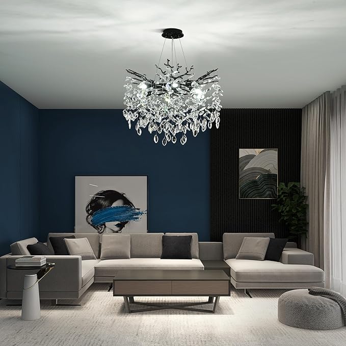 Modern Crystal Tree Branch Chandelier, Black Round Art Deco Pendant Light Raindrop Lighting Fixture for Dining Room Bedroom Foyer 6 Lights D18''