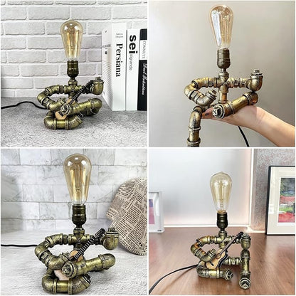 Pipe-Man Guitar-Playing Steampunk Lamp with Edison Bulb, Vintage Industrial Decor Table/Desk Lamp, Unique Handmade Gift for Music Lovers (American Style)