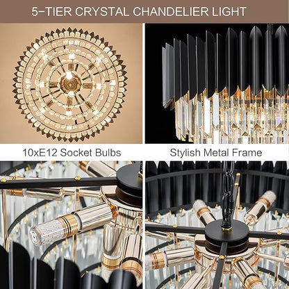 Black Crystal Chandelier 24'' K9 Crystal Round Pendant Lights Adjustable 5-Tier Large Modern Crystal Chandelier Light 10-Lights for Dining Room Living Room Kitchen Foyer Entryway