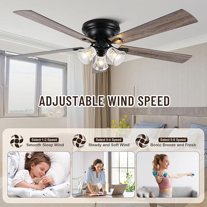 60'' Flush Mount Ceiling Fan with Light and Remote, 5 Reversible Wood Blades,3 Clear Seeded Glass Light Fixtures,6-Speed Quiet DC Motor,Farmhouse Ceiling Fan for Bedroom Living Room Patio