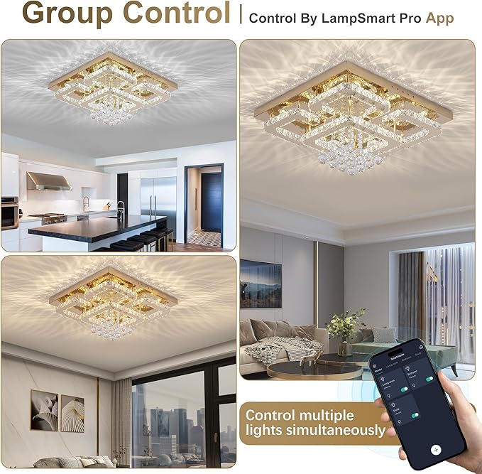24 inch Flush Mount Chandelier Crystal Ceiling Light with Remote Control/APP, 3CCT Dimmable&Brightness Adjustable, Modern Crystal Raindrop Gold Chandeliers for Bedroom Hallway Dinning Room Living Room