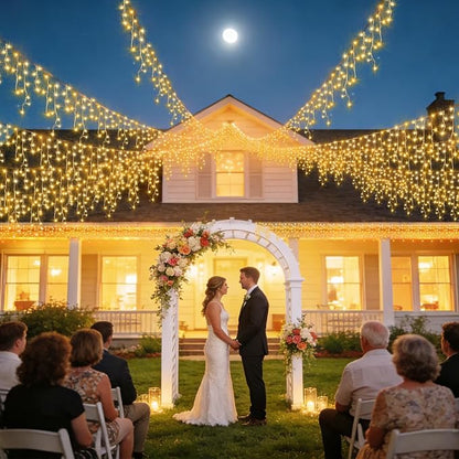 KNONEW Christmas Lights Outdoor Decorations 400 LED 33ft 8 Modes Curtain Fairy String Light with 75 Drops, Clear Wire LED String Light Indoor Decor for Wedding Party Christmas Decorations Warm White