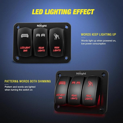 Nilight - 90128C 3 Gang Rocker Switch Panel Aluminum 5 Pin ON Off Toggle Switch Panel Pre-Wired Rocker Switch SPST 12V 24V Switches for Marine Boats Cars ATVs UTVs