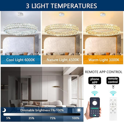 Modern Ring Chandelier, Crystal Chandeliers for Dining Room Round LED Ceiling Light Fixture for Living Room Bedroom Lighting Dimmable with Remote Ring Lights, 32inch Width