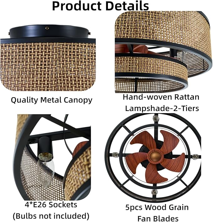 18.9" Boho Caged Ceiling Fan with Lights Remote, 4-Light Vintage Rattan Woven Chandelier Fan with Light Reversible Motor, Chandelier Ceiling Fan for Bedroom, Living Room