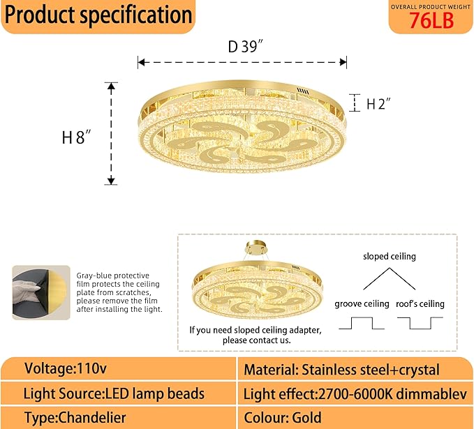 Modern Crystal Chandeliers for Dining Room Flush Mount Ceiling Chandelier for Living Room Dining Room Ring LED Crystal Ceiling Light (Round,40in Gold,Dimmable 2700K-6500K)