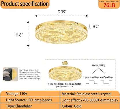 Modern Crystal Chandeliers for Dining Room Flush Mount Ceiling Chandelier for Living Room Dining Room Ring LED Crystal Ceiling Light (Round,40in Gold,Dimmable 2700K-6500K)