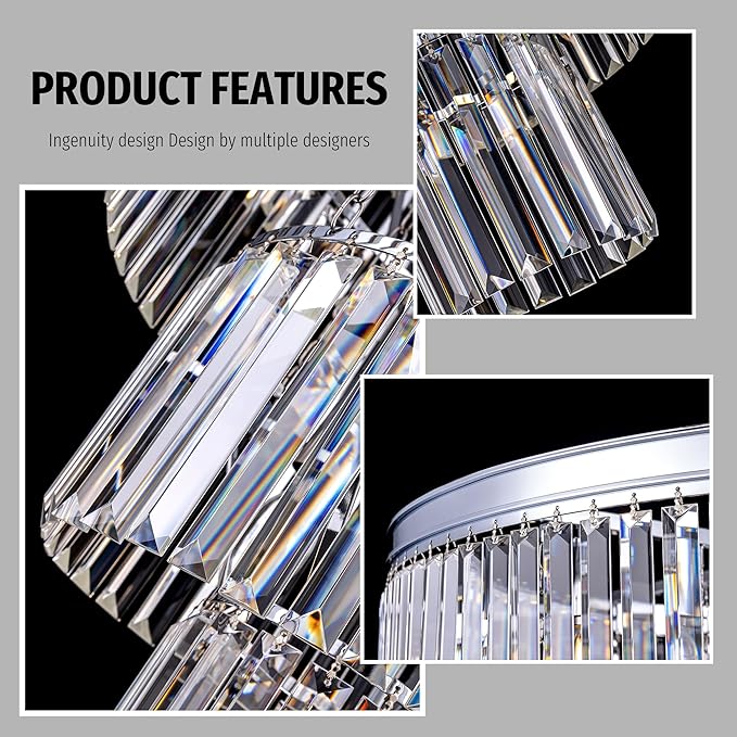 TOCHIC Large Crystal Chandelier 31.5 inch, 5-Tier Round Modern Chrome Crystal Chandeliers, Raindrop K9 High Ceiling Light for Living Room,Staircase, Entryway, Dining Room, Foyer