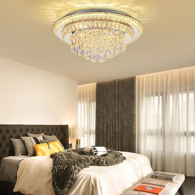 24 inch Crystal Silver Ceiling-Light Flush Mount With Remote Control and APP, 3CCT Dimmable & Brightness Adjustable, Modern Crystal Raindrop Chandeliers for Bedroom Hallway Dinning Room Living Room