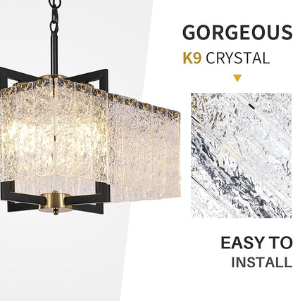 Modern Crystal Chandelier,16" Black Chandeliers for Dining Room, Adjustable Height,Water Ripple Glass,Hanging Pendant Light Fixture for Kitchen Island Entryway Foyer Hallway Living Room