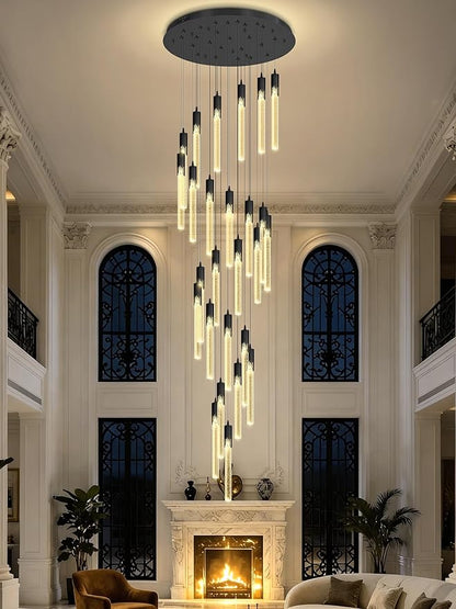 Flashing God Black 28 Lights Large Foyer Chandeliers for High Ceilings 12 feet Long Spiral Stair Pendant Chandelier Crystal Ceiling Light Fixtures Dimmable 2700k-4500k-6000k