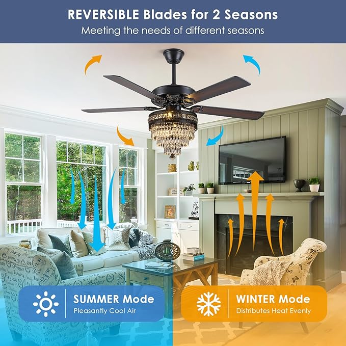 Asyko Crystal Ceiling Fan Fandelier with Lights - Modern Black Chandelier Fans with Remote Control，Noiseless AC Motor, Retro/Farmhouse Lighting, Dining Room， Living Room (52"