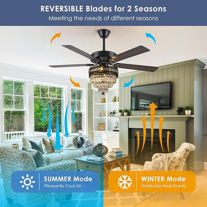 Asyko Crystal Ceiling Fan Fandelier with Lights - Modern Black Chandelier Fans with Remote Control，Noiseless AC Motor, Retro/Farmhouse Lighting, Dining Room， Living Room (52"