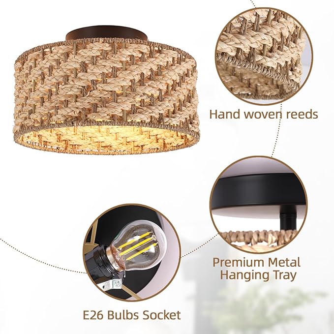 12.6-inch semi-Flush Mount Ceiling Light Fixture - 3-Light Pure Hand-Woven lamp for Dining Room