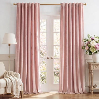 StangH Baby Pink Velvet Curtains 96 Inches Long, Room Darkening Super Soft Drapes with Rod Pocket Back Tab Styling for Living Room Bedroom, Thermal Insulated Window Treatment, W52 x L96 inch, 2 Panels
