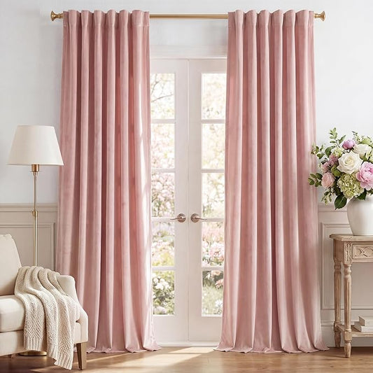 StangH Baby Pink Velvet Curtains 96 Inches Long, Room Darkening Super Soft Drapes with Rod Pocket Back Tab Styling for Living Room Bedroom, Thermal Insulated Window Treatment, W52 x L96 inch, 2 Panels