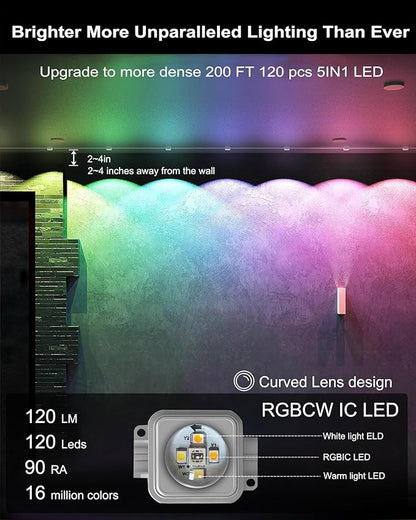 RGBCW Permanent Outdoor Lights,108 Scene Modes Smart Outdoor Christmas Lights with Voice Remote APP Control, IP68 LED Eaves Lighting for Halloween Party, Daily Garden Decor (120LED 200FT)