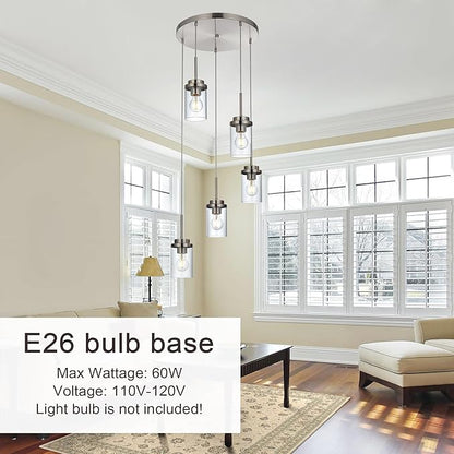 MELUCEE 5-Light Cluster Pendant Lights Stairwell Lighting Brushed Nickel Chandelier for Dining Room, Modern Kitchen Island Pendant Lighting Adjustable Hanging Ceiling Lamp with Clear Glass Shade