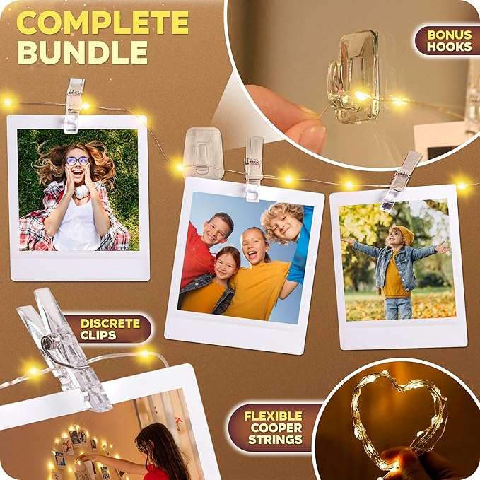 Mind-Glowing Photo Clips String Light - Warm White Fairy Lights with Clips for Hanging Pictures - Teen Girl Room Decor, Trendy Stuff - Birthday Gift for Any Year Old Tween Girls (50 LED, 16.4 ft)