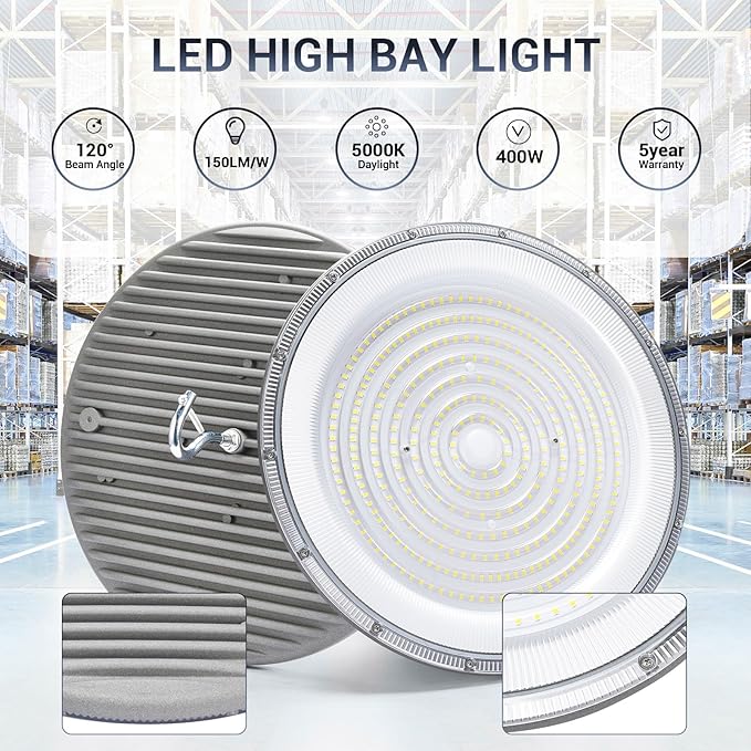 XYCN 6 Pack 400W UFO Led High Bay Light,120VAC,5000K Daylight Commercial Bay Lighting,IP66 Waterproof,61050LM,1750W MH/HPS with Plug Area Lighting for Warehouse/Shop/Workshop/Barn/Gym/Factory