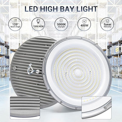 XYCN 6 Pack 400W UFO Led High Bay Light,120VAC,5000K Daylight Commercial Bay Lighting,IP66 Waterproof,61050LM,1750W MH/HPS with Plug Area Lighting for Warehouse/Shop/Workshop/Barn/Gym/Factory