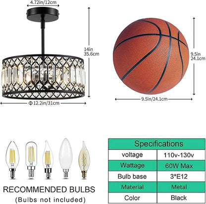 Rpzloila 3-Light Crystal Ceiling Light, Modern Semi Flush Mount Light Fixture, Black Crystal Chandelier for Kitchen Bedroom Bathroom Entryway Hallway