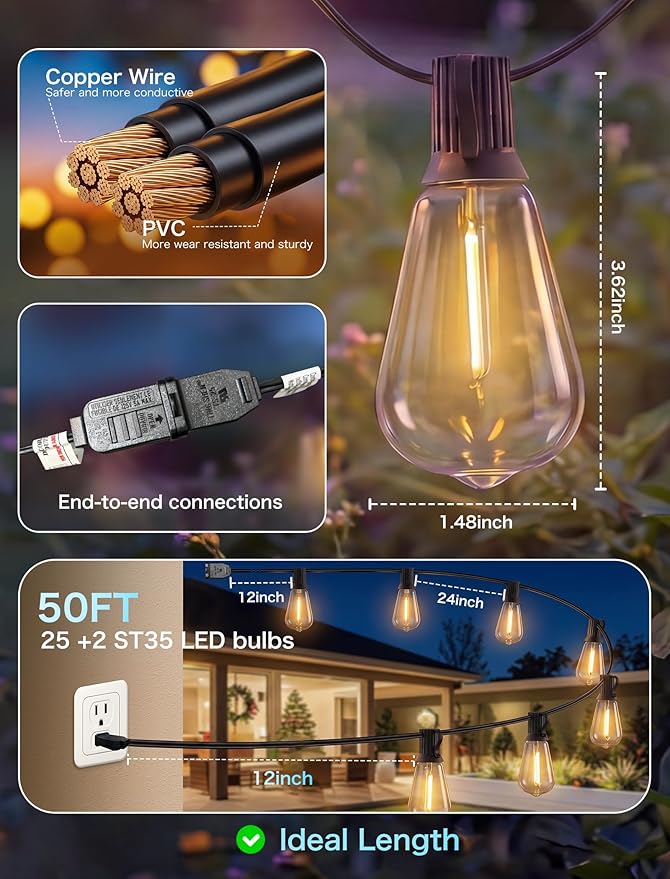 50FT LED Outdoor String Lights, Patio Lights with 25 Shatterproof ST35 LED Vintage Edison Bulbs Connectable LED String Lights, Waterproof Outdoor Hanging Lights for Backyard Garden