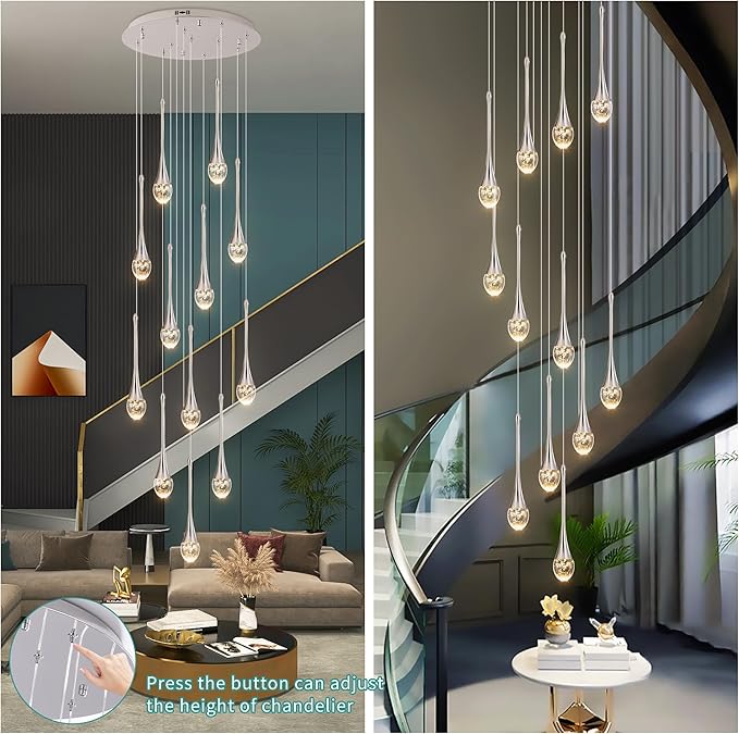 Modern Crystal Staircase Chandelier Polished Chrome 12-Lights, H120'' Large High Ceiling Spiral Dimmable LED Raindrop Foyer Entryway Light Fixture Remote Control