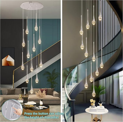 Modern Crystal Staircase Chandelier Polished Chrome 12-Lights, H120'' Large High Ceiling Spiral Dimmable LED Raindrop Foyer Entryway Light Fixture Remote Control