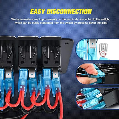 Nilight 6 Gang Rocker Switch Panel Laser Etched Aluminum Light Bar Switch with Cigarette Lighter USB Charger Voltmeter for 12V 24V Cars Boats Trailers