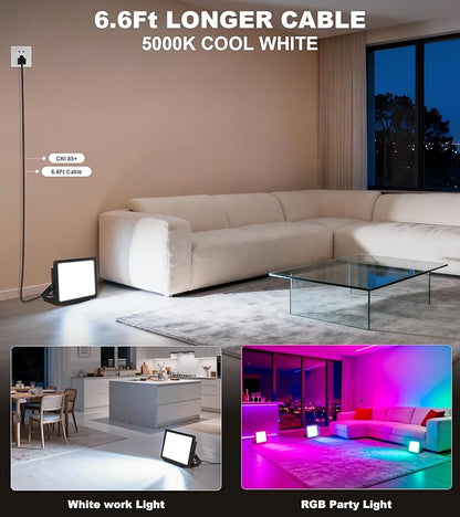 TigQiang 50W RGB Flood Light with Remote & 6.6Ft Cable, Halloween RGB Floodlight, IP66 Waterproof Color Changing Christmas Light, 5000K White LED Floodlight, Outdoor, Uplights for Events, 4 Pack