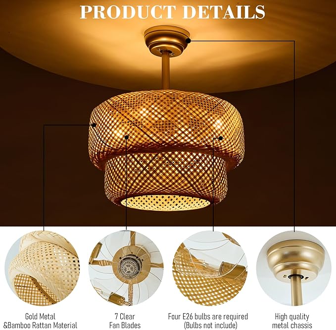 19.3" Bamboo Caged Ceiling Fan with Lights and Remote,4-Light Boho Rattan Ceiling Fan with Light Reversible Motor, Farmhouse Rattan Chandelier Fan for Bedroom, Living Room